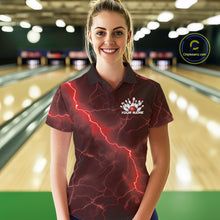 Load image into Gallery viewer, Female model at a bowling alley wearing a bowling polo with red cobra graphics and bowling-themed details.
