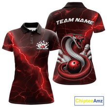 Load image into Gallery viewer, Front and back womens bowling polo featuring a red cobra snake coiled around a bowling ball with scattered pins and lightning-inspired artwork.