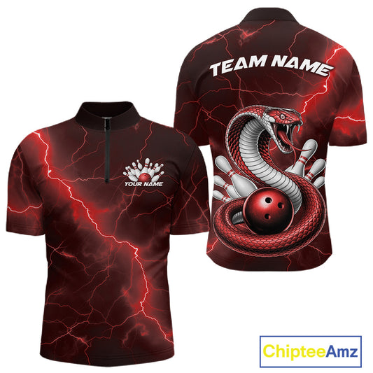 Front and back mens bowling quarter-zip featuring a red cobra snake coiled around a bowling ball with scattered bowling pins and lightning fantasy graphics.