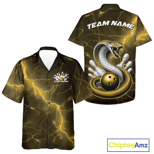 Button-up bowling shirt mockup showcasing a yellow cobra wrapped around a bowling ball with scattered bowling pins and fantasy accents.