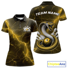 Load image into Gallery viewer, Front and back womens bowling polo featuring a yellow cobra snake coiled around a bowling ball with scattered pins and fantasy lightning details.