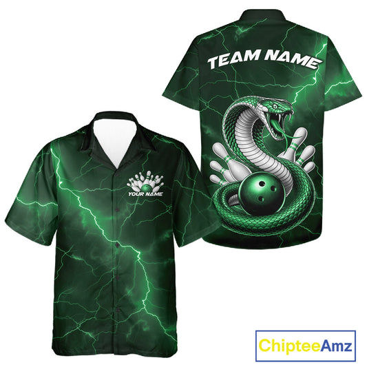 Front and back button-up bowling shirt featuring a green cobra snake coiled around a bowling ball with scattered pins and lightning fantasy artwork.