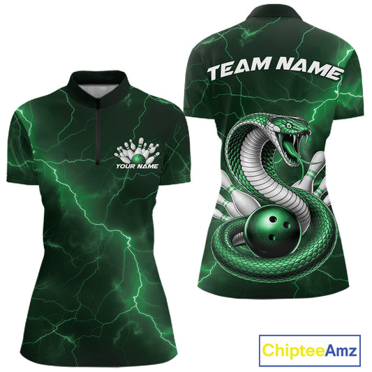 Womens bowling quarter-zip featuring a green cobra coiled around a bowling ball with scattered pins and lightning fantasy artwork.