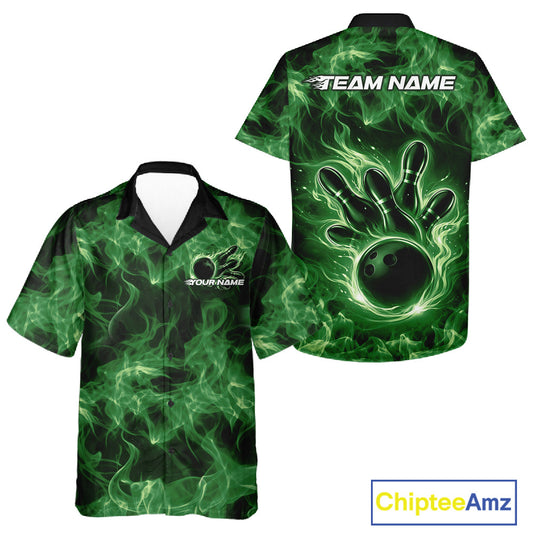 Green button-up bowling shirt mockup featuring a bowling ball surrounded by fiery graphics.