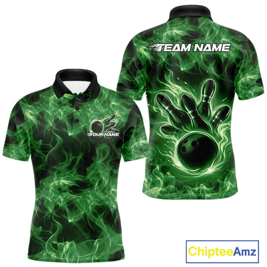 Front and back mens green bowling polo featuring a bowling ball surrounded by intense flame graphics.
