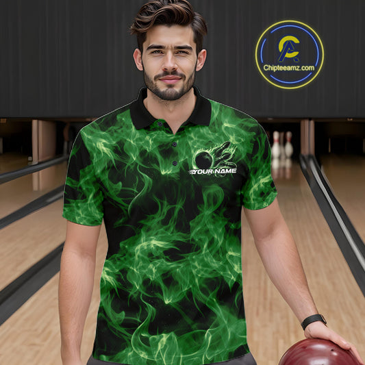 Male model in a bowling center wearing a green bowling polo with flaming bowling ball artwork.