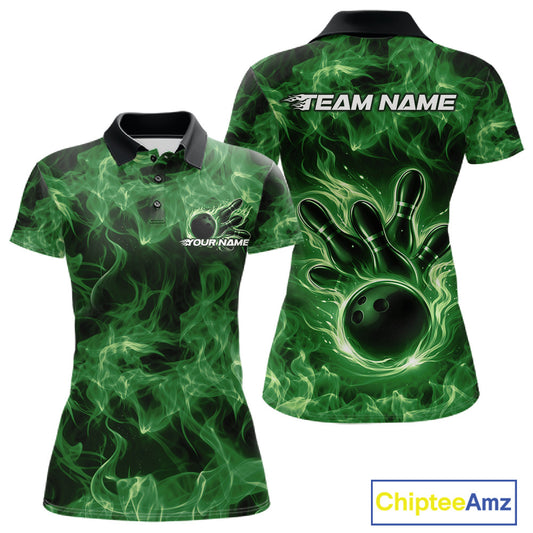 Front and back womens green bowling polo featuring a bowling ball surrounded by dramatic flame accents.