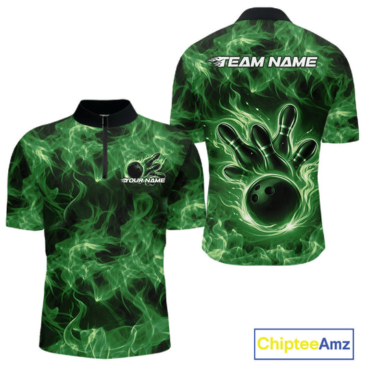 Front and back mens green bowling quarter-zip featuring a bowling ball surrounded by fiery artwork.