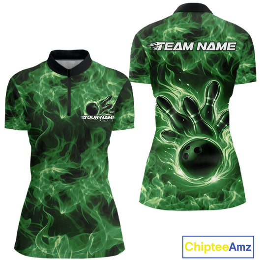 Front and back womens green bowling quarter-zip featuring a bowling ball surrounded by dramatic flame accents.