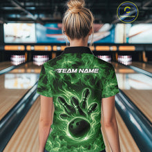 Load image into Gallery viewer, Back view of a green bowling quarter-zip displaying a fiery bowling ball graphic.