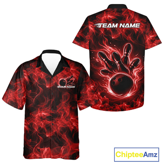 Front and back red button-up bowling shirt showcasing a bowling ball encircled by bold flames.