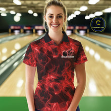 Load image into Gallery viewer, Female model at the bowling lane wearing a red bowling polo with fiery bowling ball artwork.