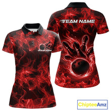 Load image into Gallery viewer, Front and back womens red bowling polo featuring a bowling ball surrounded by bold flame graphics.
