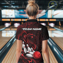 Load image into Gallery viewer, Back view of a female model wearing a black and red bowling quarter-zip shirt in a bowling alley featuring a tribal flame bowling ball and pins graphic