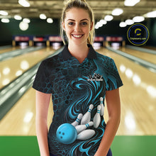 Load image into Gallery viewer, Custom Black And Blue Tribal Flame Women Bowling Team Shirt, Polygonal Bowling Jerseys IPHW11384