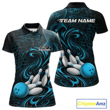 Load image into Gallery viewer, Custom Black And Blue Tribal Flame Women Bowling Team Shirt, Polygonal Bowling Jerseys IPHW11384