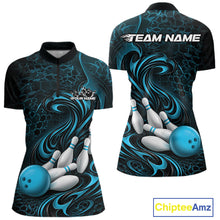 Load image into Gallery viewer, Front and back mockup of a womens black and blue bowling quarter-zip pullover featuring a tribal flame bowling ball and pins graphic.