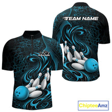Load image into Gallery viewer, Front and back view of a black and blue mens bowling quarter-zip shirt featuring a tribal flame bowling ball and pins graphic