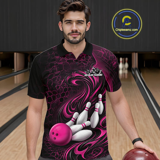 Male model wearing a black and pink bowling polo shirt in a bowling alley featuring a tribal flame bowling ball and pins graphic