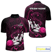 Load image into Gallery viewer, Front and back mockup of a mens black and pink bowling quarter-zip pullover featuring a tribal flame bowling ball and pins graphic.