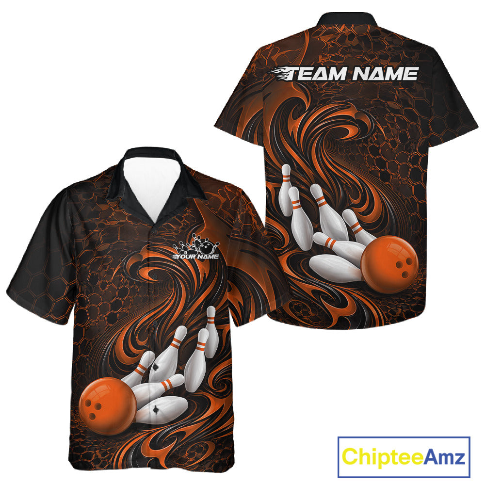 Front and back view of a black and orange button-up bowling shirt featuring a tribal flame bowling ball and pins graphic