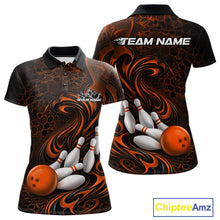 Load image into Gallery viewer, Front and back view of a black and orange womens bowling polo shirt featuring a tribal flame bowling ball and pins graphic