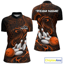 Load image into Gallery viewer, Front and back view of a black and orange womens bowling quarter-zip shirt featuring a tribal flame bowling ball and pins graphic