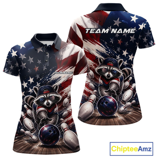 Front and back views of a women's bowling polo shirt mockup featuring a raccoon in patriotic sunglasses rolling a bowling ball through scattered pins with a distressed American flag backdrop.