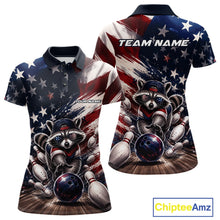 Load image into Gallery viewer, Front and back views of a women's bowling polo shirt mockup featuring a raccoon in patriotic sunglasses rolling a bowling ball through scattered pins with a distressed American flag backdrop.