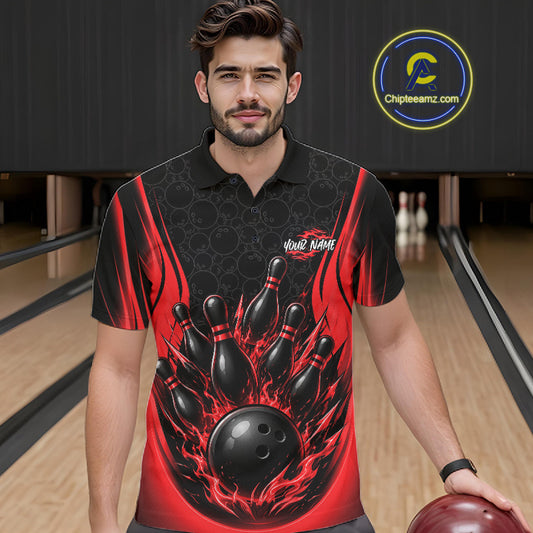 Custom Black And Red Fire Flame Bowling Jerseys, Bowling Men Polo Shirts IPHW11686