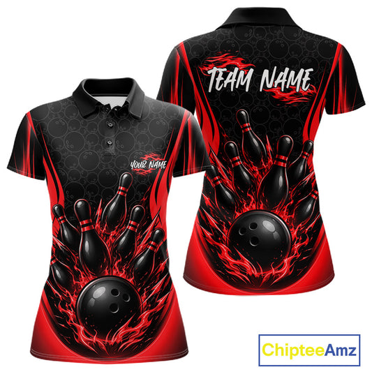 Custom Black And Red Fire Flame Bowling Jerseys, Bowling Women Polo Shirts IPHW11686