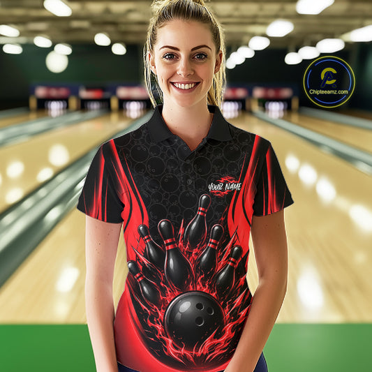 Custom Black And Red Fire Flame Bowling Jerseys, Bowling Women Polo Shirts IPHW11686