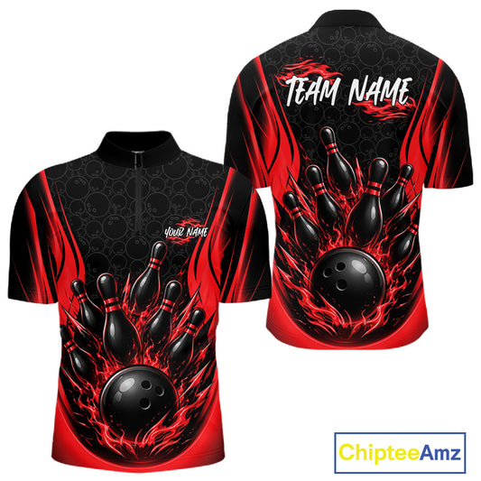 Custom Black And Red Fire Flame Bowling Jerseys, Bowling Men Quarter Zip Shirts IPHW11686