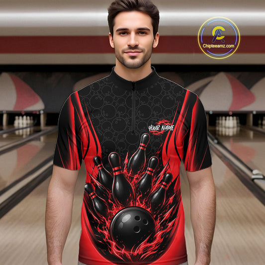 Custom Black And Red Fire Flame Bowling Jerseys, Bowling Men Quarter Zip Shirts IPHW11686