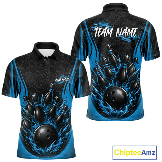 Custom Black And Blue Fire Flame Bowling Jerseys, Bowling Men Polo Shirts IPHW11687
