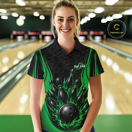 Custom Black And Green Fire Flame Bowling Jerseys, Bowling Women Polo Shirts IPHW11688