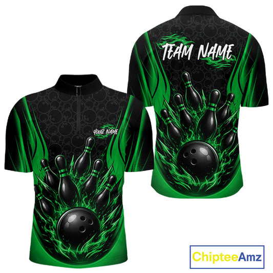 Custom Black And Green Fire Flame Bowling Jerseys, Bowling Men Quarter Zip Shirts IPHW11688