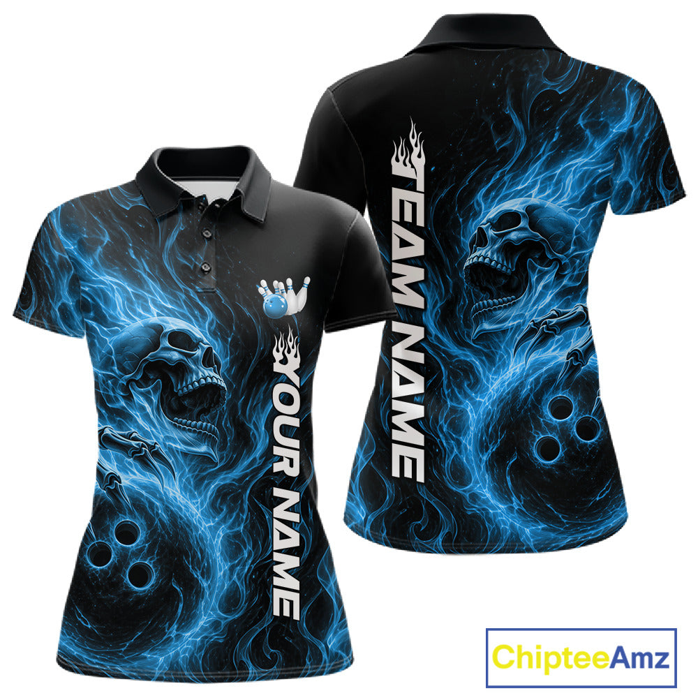 Front and back view of a women's bowling polo shirt mockup featuring a blue flaming skull holding a bowling ball surrounded by swirling energy on a black shirt