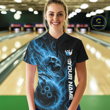 Load image into Gallery viewer, Custom Blue Flame Skull Bowling Women Quarter-Zip Shirts, Halloween Team Bowling Outfit IPHW11388