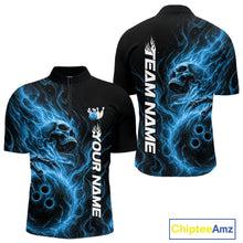 Load image into Gallery viewer, Front and back view of a black mens bowling quarter-zip shirt featuring a skull clutching a bowling ball with swirling blue energy flames