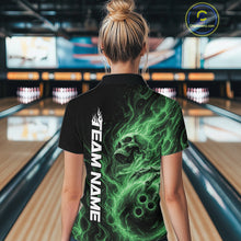 Load image into Gallery viewer, Custom Green Flame Skull Bowling Women Polo Shirts, Gothic Halloween Team Bowling Outfit IPHW11389