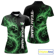 Load image into Gallery viewer, Custom Green Flame Skull Bowling Women Polo Shirts, Gothic Halloween Team Bowling Outfit IPHW11389