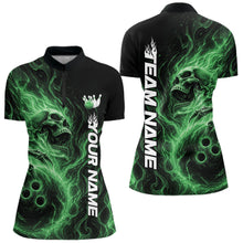 Load image into Gallery viewer, Front and back view of a women's bowling quarter-zip shirt mockup showcasing a green energy-flame skull clutching a bowling ball on a black shirt