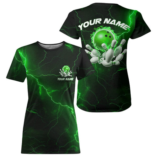 Green Thunder Lightning Flame Bowling Ball Custom Bowling Team T-Shirts For Women IPHW6717