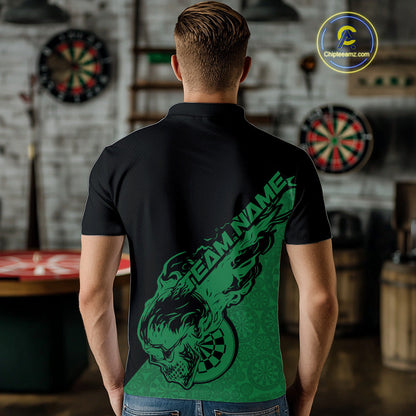 Custom Green Flame Skull Dartboard Dart Men Polo Shirt, Halloween Dart Team Outfit IPHW9945