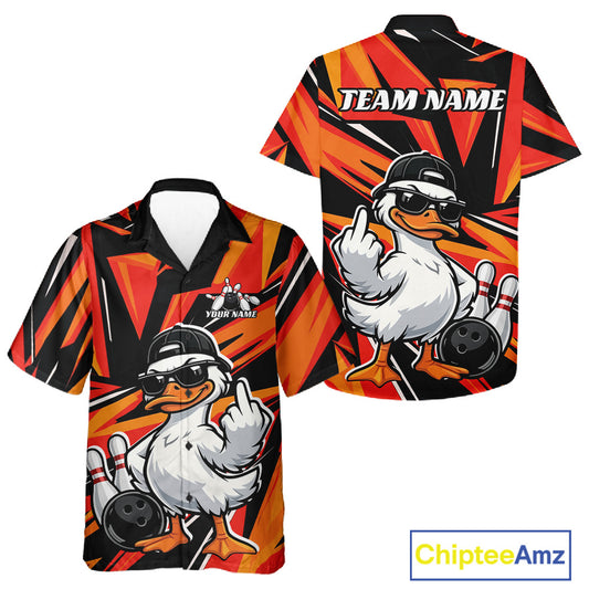 Front and back views of a black and orange bowling button-up featuring a duck illustration with bowling-inspired artwork.