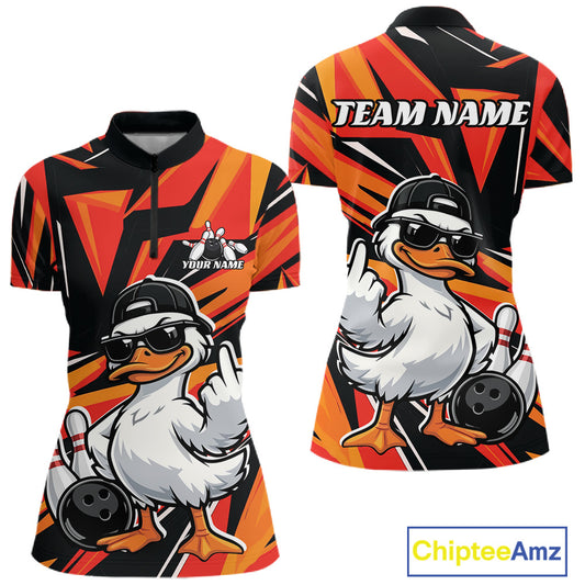 Front and back views of a womens bowling quarter-zip mockup featuring a duck beside bowling pins and a bowling ball on a black and orange design.
