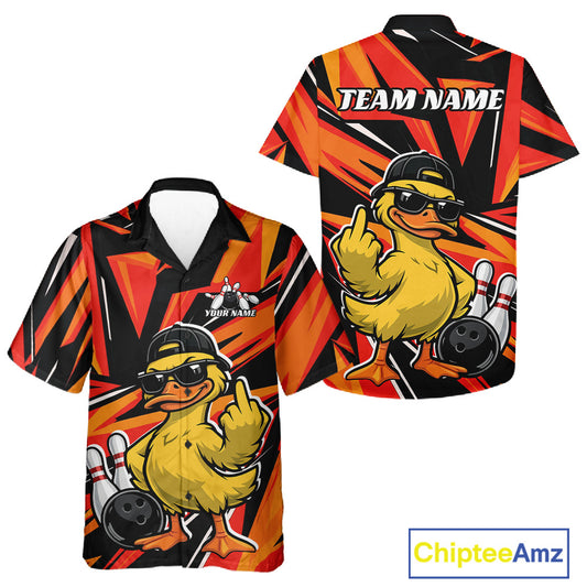 Black and orange button-up bowling shirt mockup shown from front and back with duck-themed bowling graphics and geometric accents.