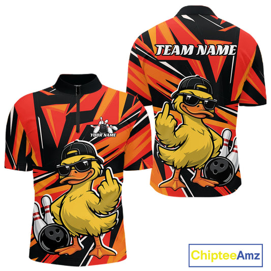 Front and back views of a mens bowling quarter-zip with duck artwork, bowling pins, and geometric accents on a black and orange design.