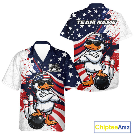 Front and back views of a bowling button-up shirt featuring patriotic duck artwork with bowling-themed elements.